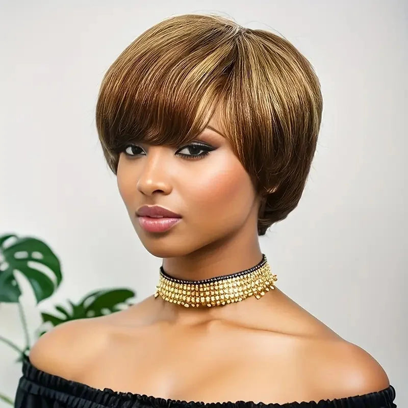 High Quality 6 Inch Pixie Wigs Color P4/27 for Women Full Machine Made Brazilian Virgin Remy Human Hair Soft Comfortable