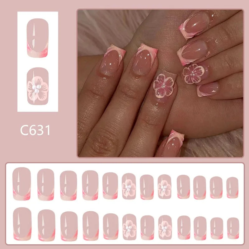 24Pcs Short Square French Nail Tips 3D Embossed Flower Decoration Removable Wearable Press on Nails for Women Girls DIY Manicure