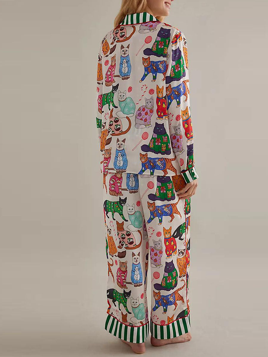 Women Pajama Set Food Animal Print Long Sleeve Button Closure Tops with Pants Sleepwear Loungewear