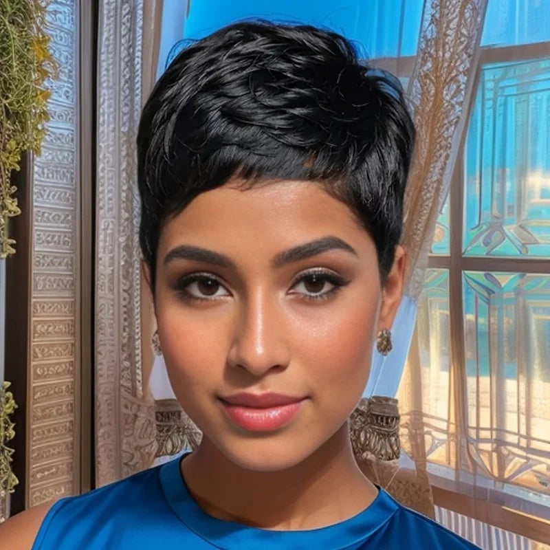 Short Pixie Cut Human Hair Full Machine Made Wig for Women 150% Density