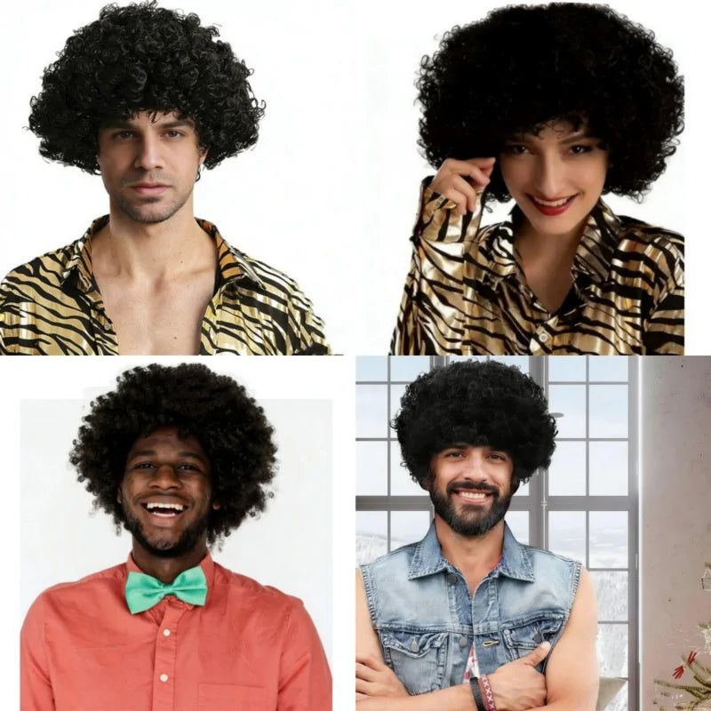 Synthetic Curly Hair Wigs Disco Hippie Rock Punk Afro Wigs Men Women Party Halloween Cosplay Hair Caps Headcover Without Glasses