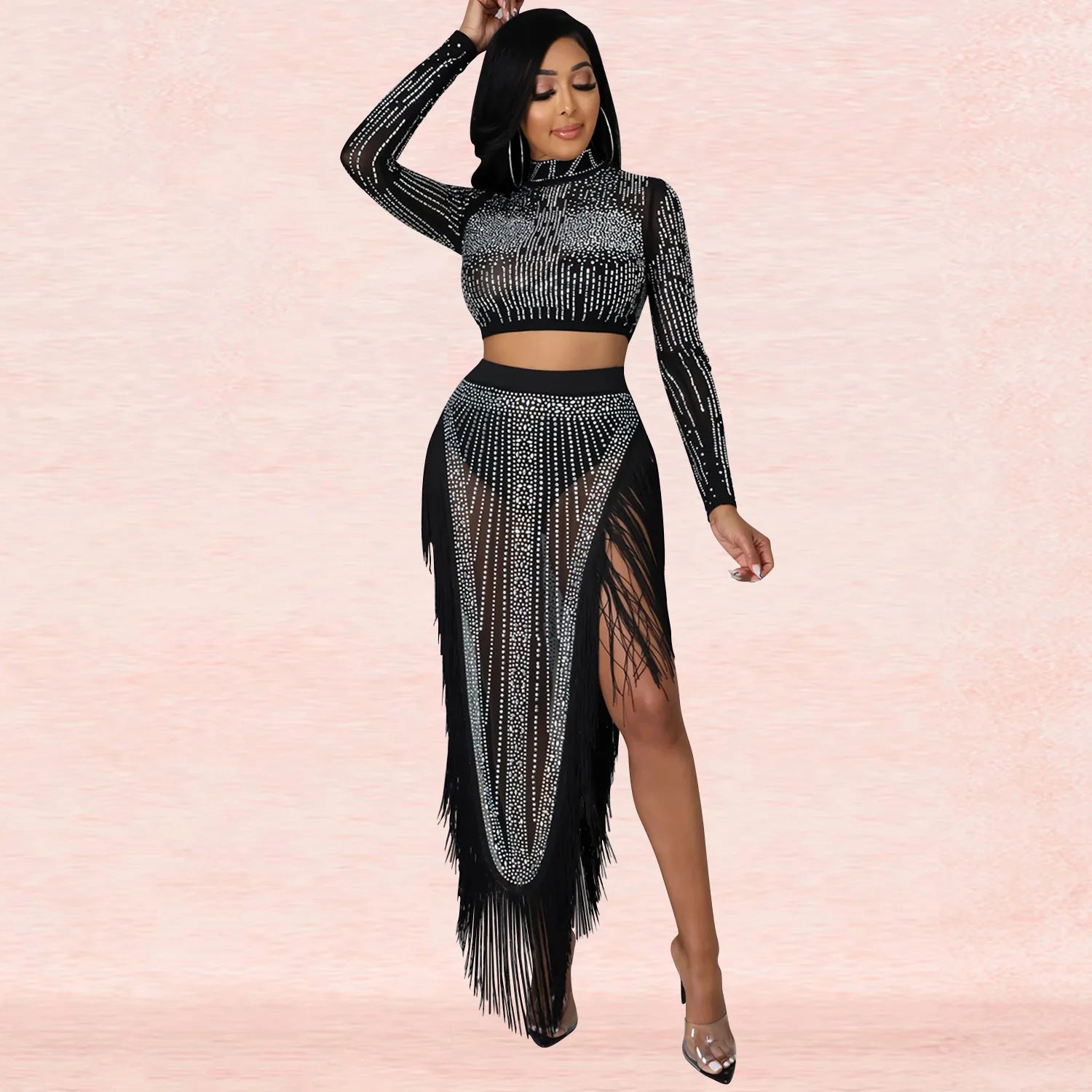 Skirt Set Women Two Piece Sets Dress Sets Mock Neck Matching Set Diamond Short Tops Party High Waist Long Skirts Sexy Hot Tassel