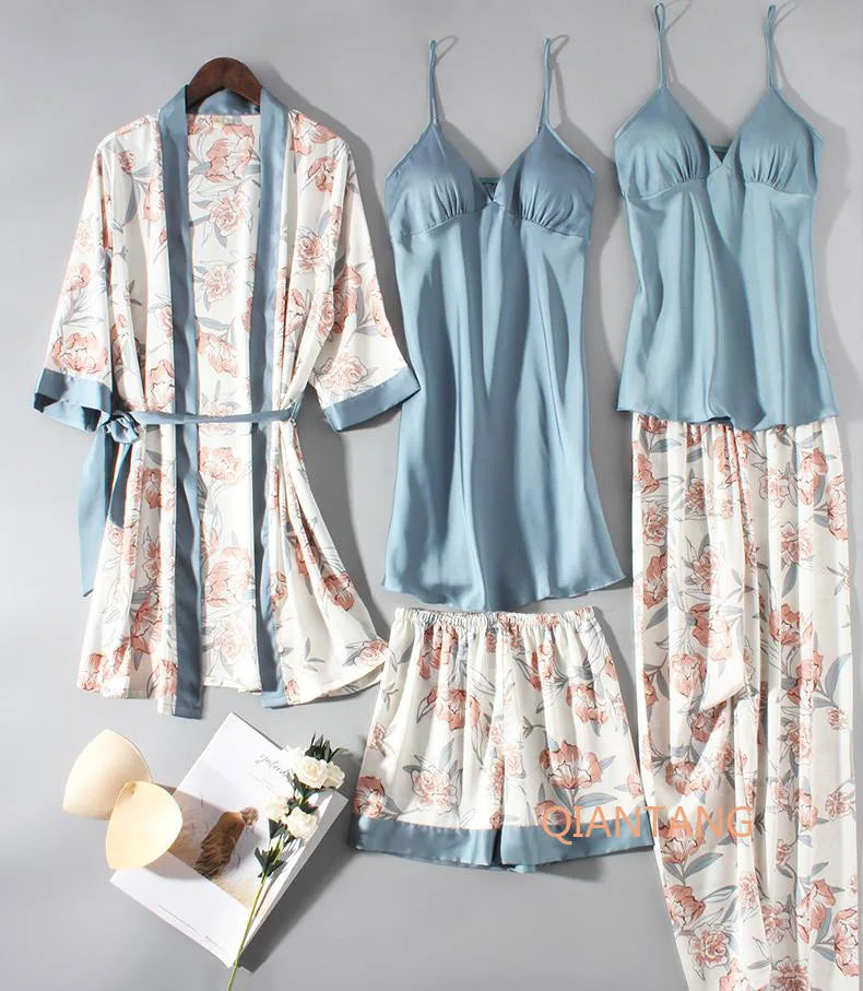 Conjunto de pijama de mujer, ropa de dormir casual, traje de bata de satén, ropa de noche para estar en casa, cuello en V, pijama suave, albornoz kimono, camisón lencería