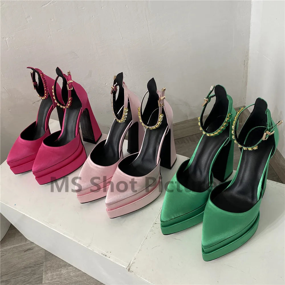 Luxury Women High Heel Shoes Platform Sandals Pointed Toe Woman Silk Pumps Sexy Rhinestone Buckle Chunky Heel Wedding Shoes 2024