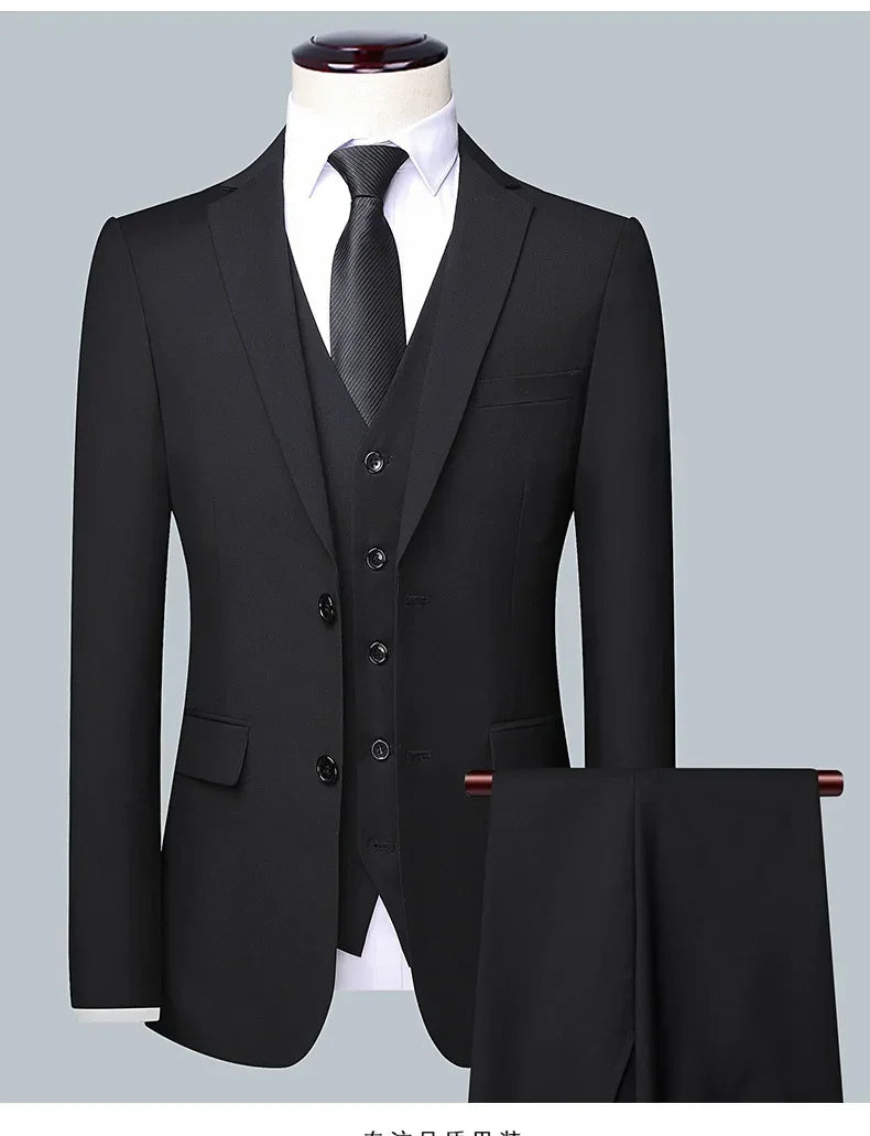 Suit (Blazer+ Vest + Pants) Men's Fashion Business Fit Wedding Professional Casual Single Breasted Gentleman Groom Dress Suit