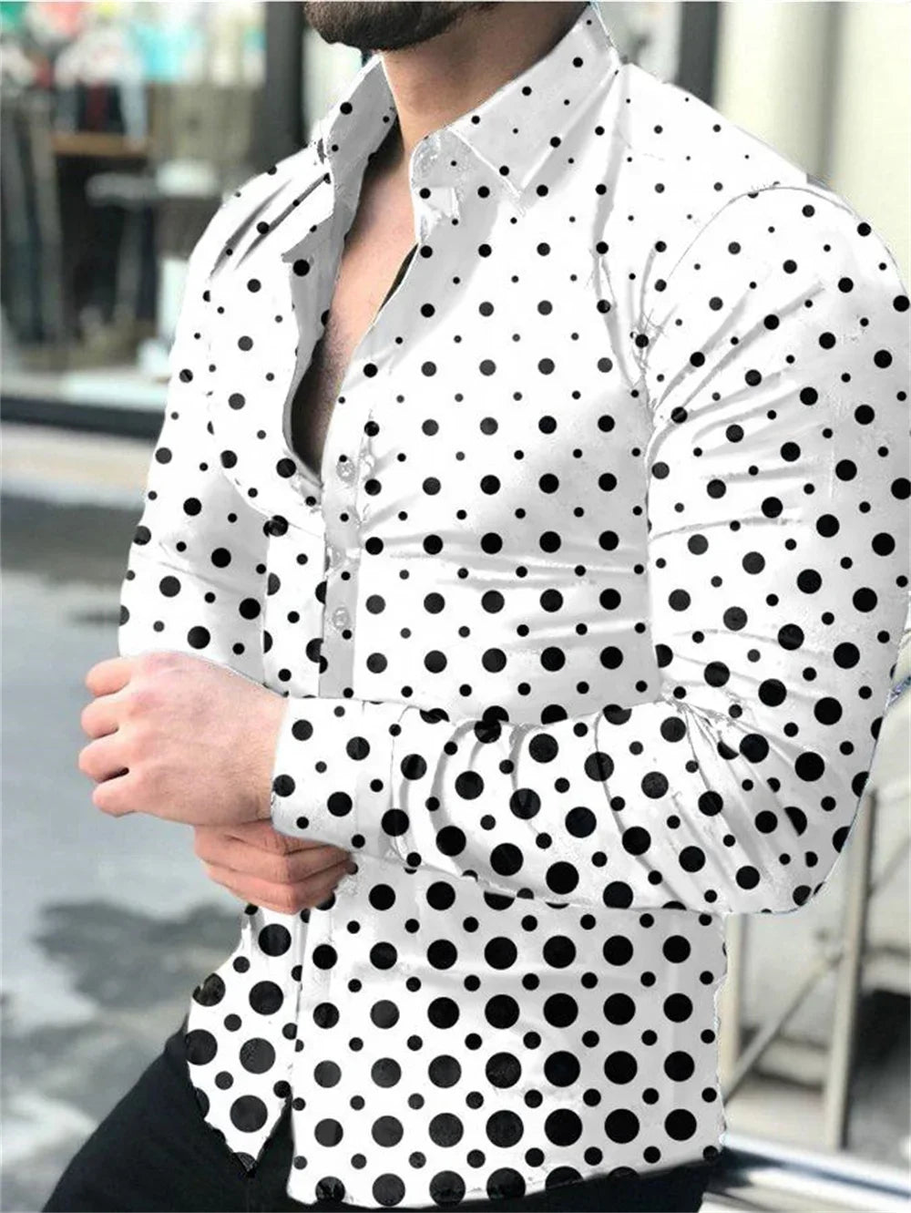 Luxury men's social shirt lapel single-breasted 3D plaid print long-sleeved designer clothing casual street white shirt