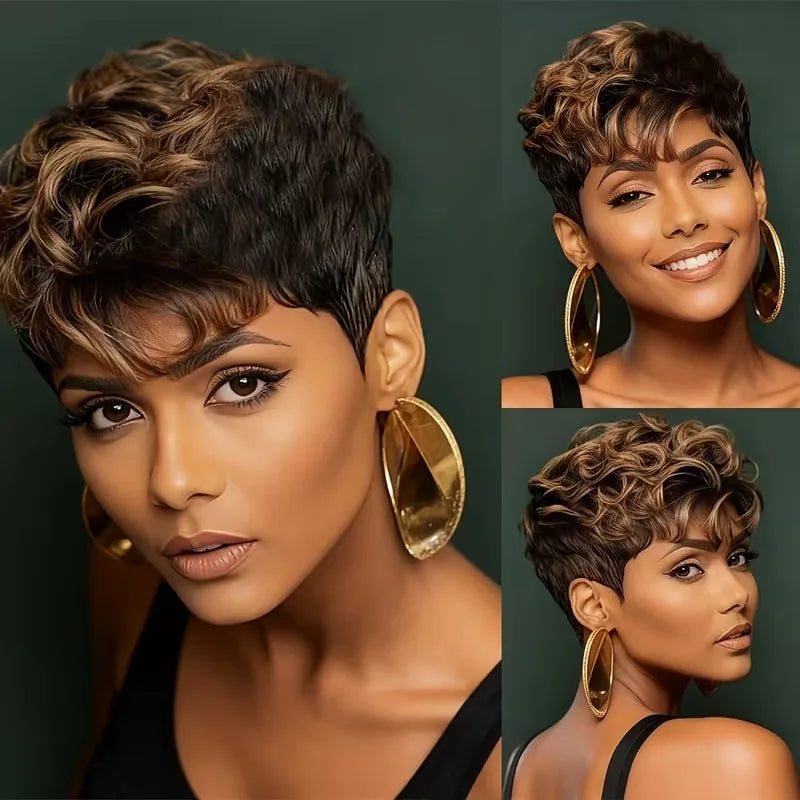 Afro Fluffy Curly Human Hair Wigs Pixie Cut Wig Coffee Brown 100%Human Hair Wig Short Kinky Curly Human Hair Full Machine Wig
