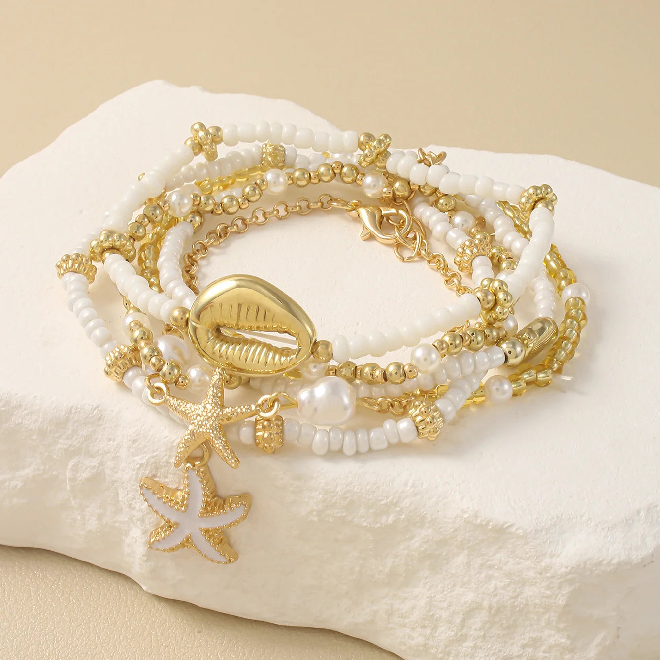 Juego de Pulseras de Cuentas de Estrellas de Mar y Conchas Bohemias para Mujer, Moda Verano Playa, Pulseras de Perlas Multicapa Apiladas, Regalos de Joyería para Fiestas