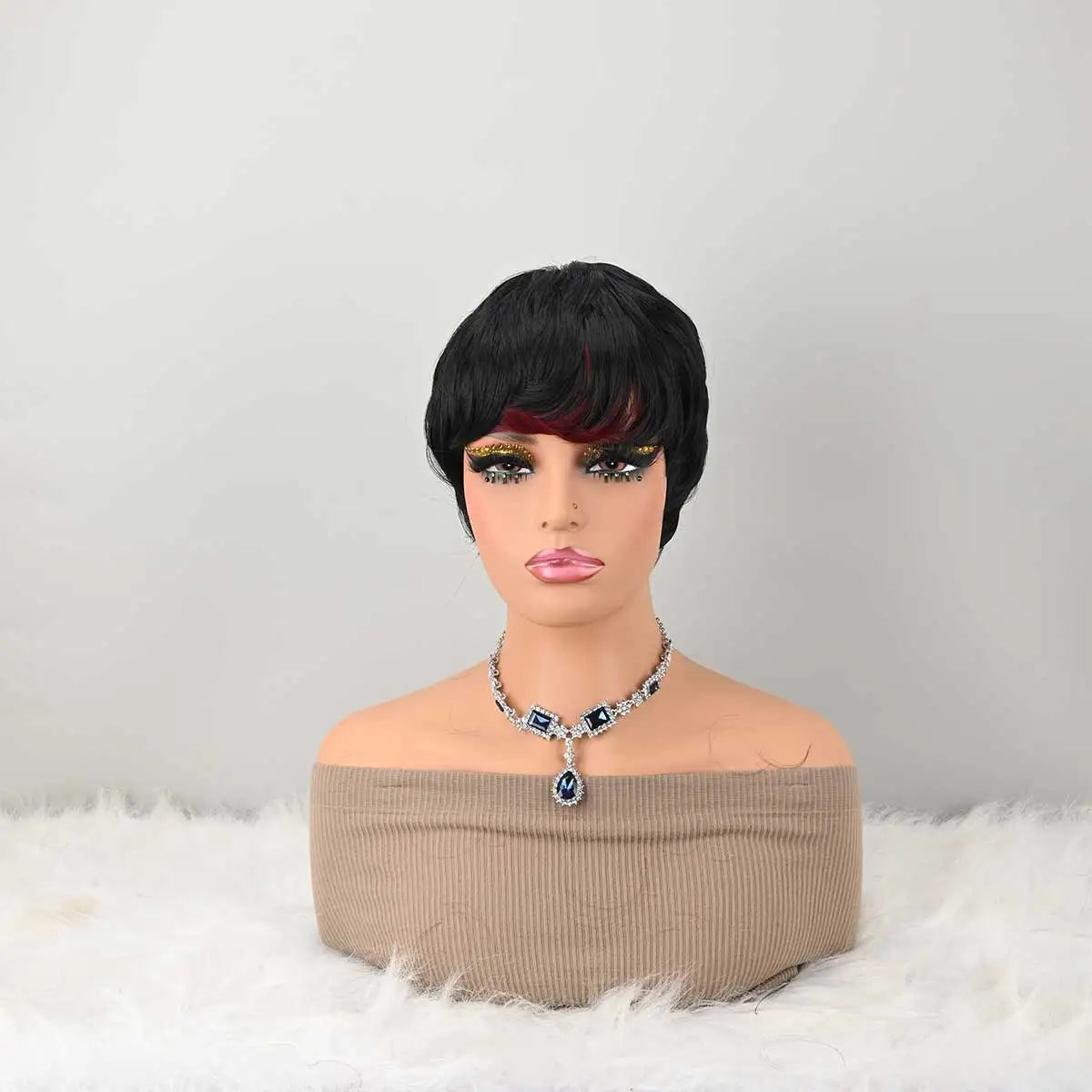 Short Bob Wig for PixieCut wigs Glueless WigNone Front Synthetic Wig withBangs Natural BlackStraight Full MachineMade Short Layered fordaily use