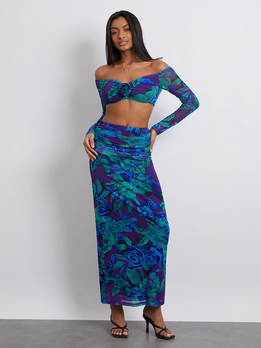 Women Skirt Set Flower Print Long Sleeve Off-shoulder Crop Top with High Waist Long Skirt Fall Outfit