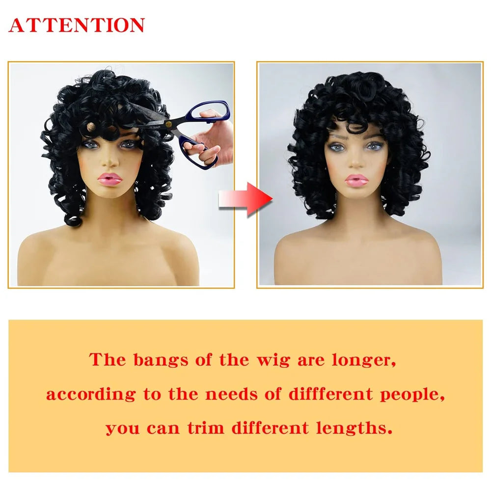 Big Curly Wigs For Black Women, Synthetic Loose Curly Wigs With Bangs, 14 Inch Black Natural Bob Wigs For Women