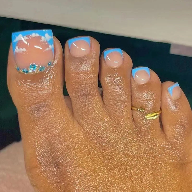 Flowers White French Artificial Toenails Nude Pink Toe False Nails with Glue Wearable Short Flat Shape Fake Toenails Wholesale
