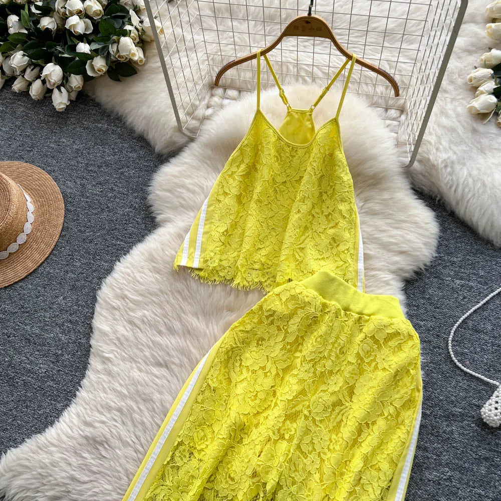 Women Two Pieces Sets Spliced lace Off Shoulder Slip Top and Fashion Hotsweet High Waist Elastic Waist  Wide Leg Pant Sets