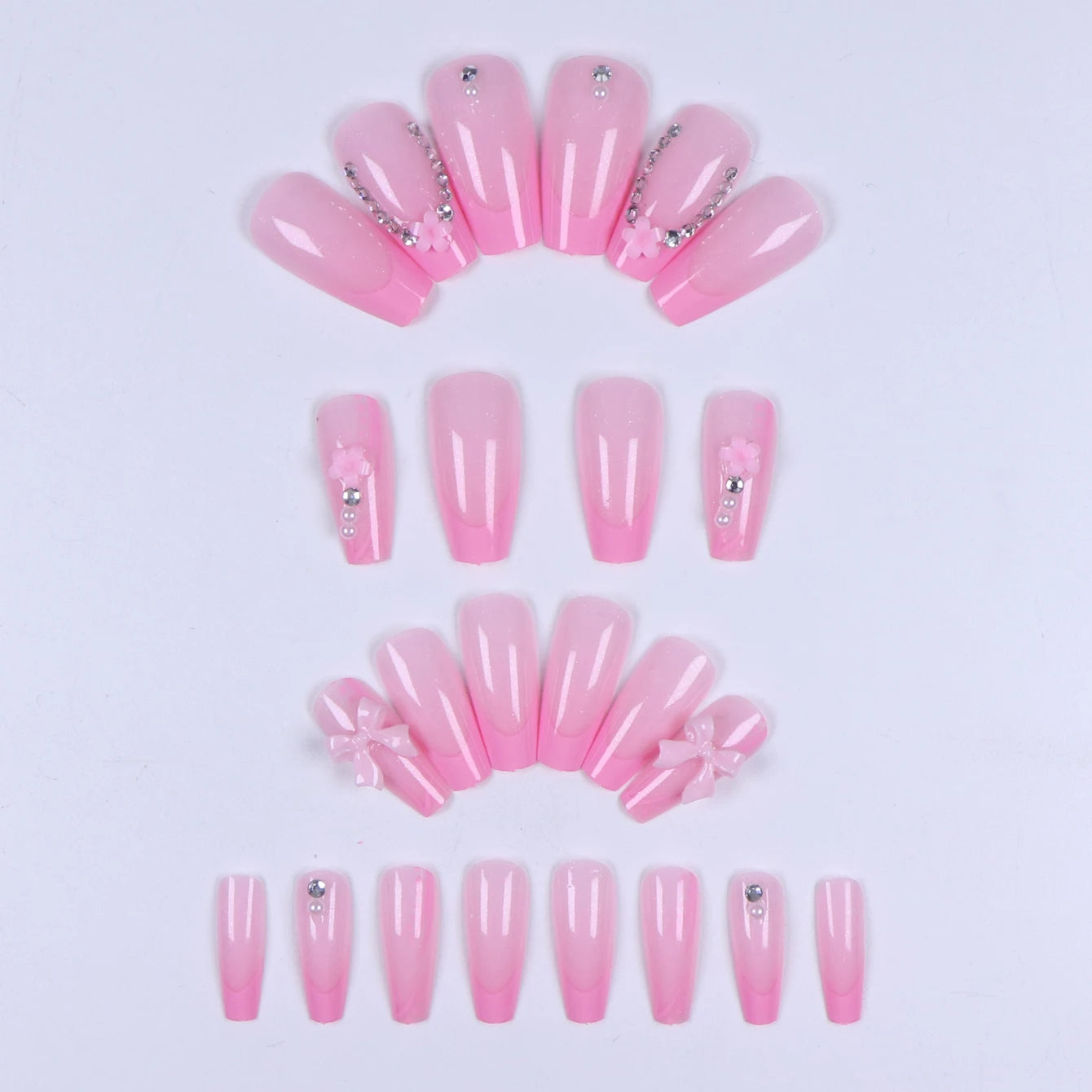 24PCS- Coffin nail plate, 3D 3D pink bow, pink flower pattern decoration, rhinestone setting, suitable for fashionable girls