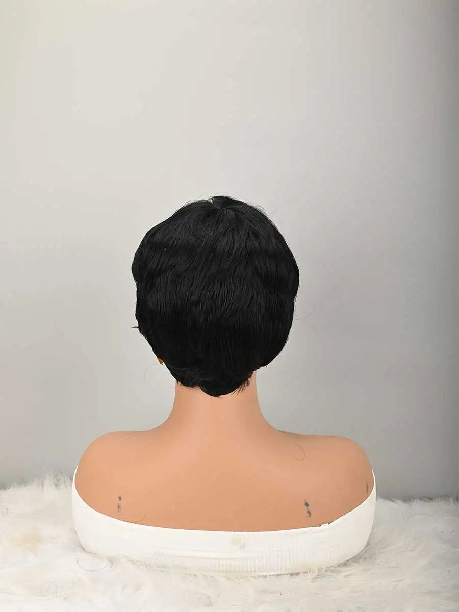Peluca corta Bob para corte Pixie, pelucas sintéticas sin pegamento, peluca sin encaje frontal con flequillo, liso negro natural, hecha a máquina completa, corta en capas para uso diario.