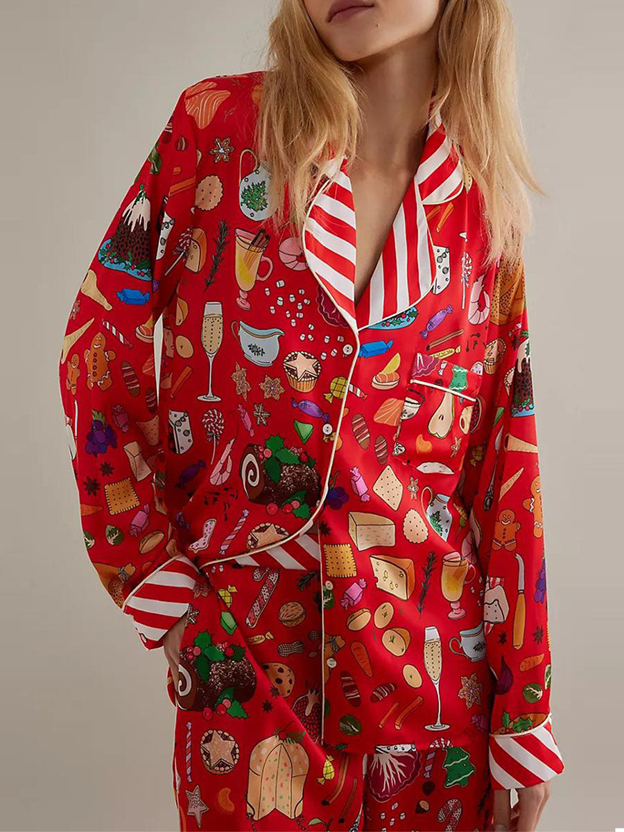 Women Pajama Set Food Animal Print Long Sleeve Button Closure Tops with Pants Sleepwear Loungewear