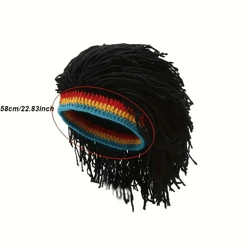 Gorro Trenzado de Lana Jamaicana Unisex Gorro de Pelo Hecho a Mano Gorros de Peluca de Lujo Gorro de Peluca de Casa Fantasma de Halloween Negro