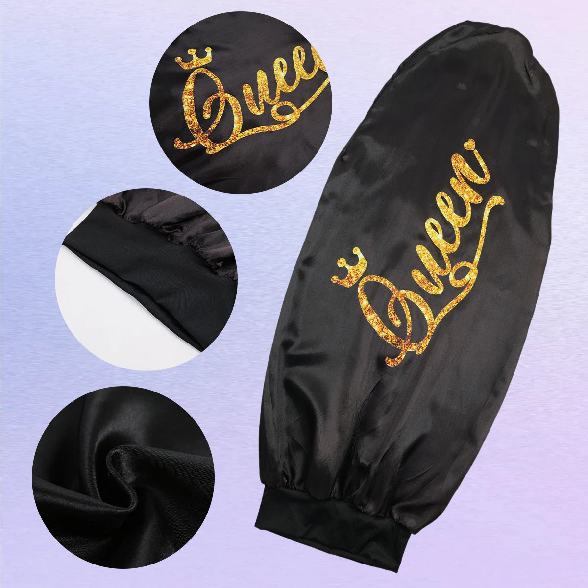 Queen Design Satin Bonnet - Black Long Sleeping Cap for Curly Hair, Lightweight Soft Polyester Protection Cap for Nighttime & D