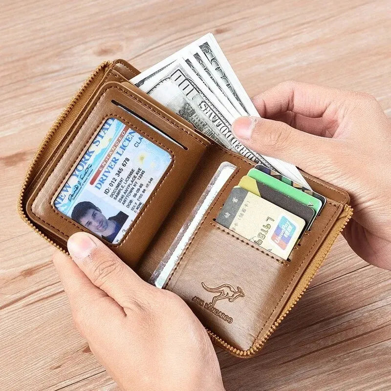 Cartera de cuero para hombre, tarjetero de negocios con cremallera, carteras de lujo para hombre, protección RFID, cartera masculina de lujo