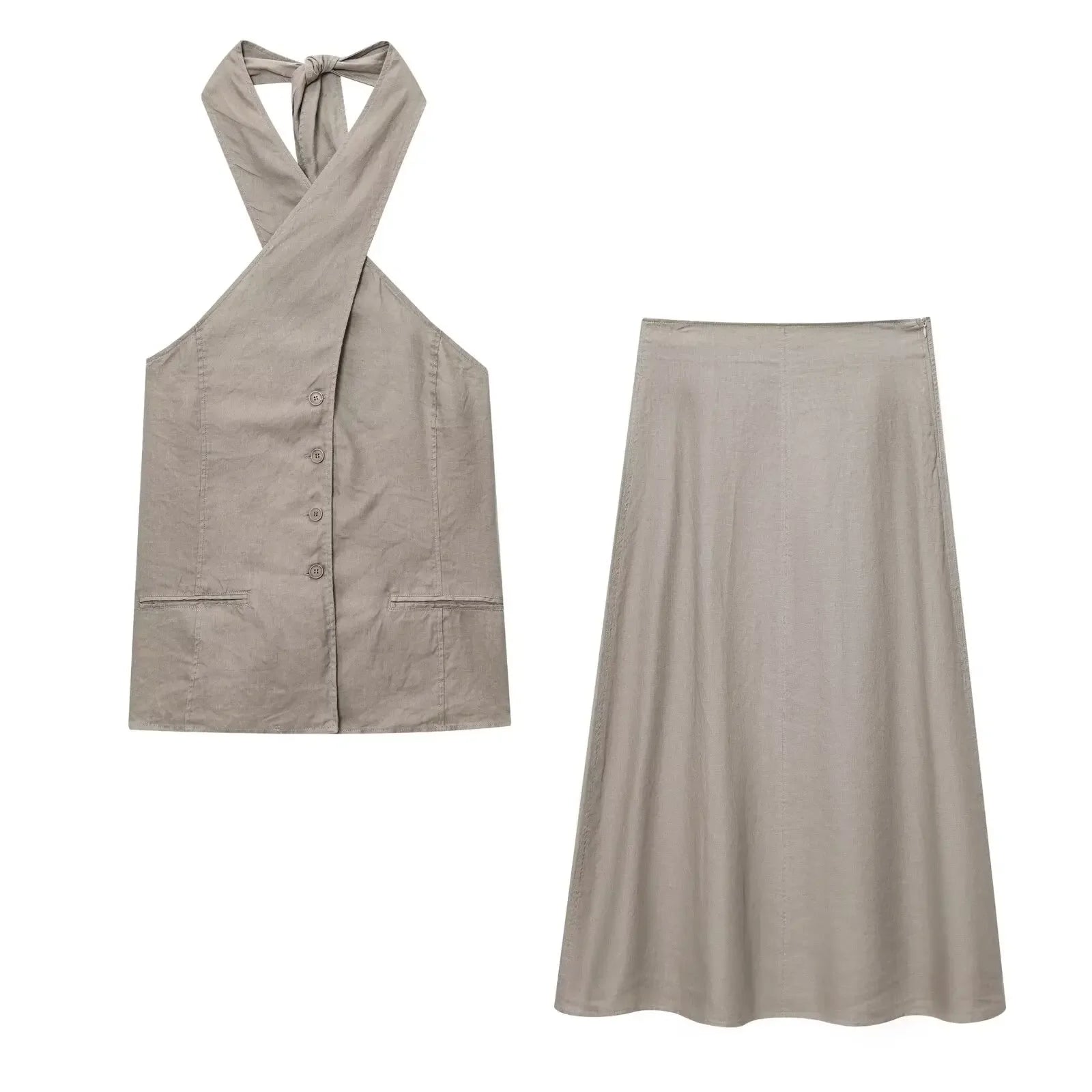 TRAFSHE 2025 Summer Women's Skirt Sets Casual Intersect Lace Vest Skirts Suit Halter Button Sexy 2 Pieces Set Women 2731097