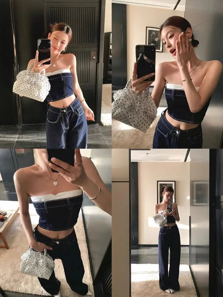 Pants Set Women's Summer Blue Contrasting Strapless Hot Girl Top High Waist Slimming Denim Pants Two-piece Set Female Clothes