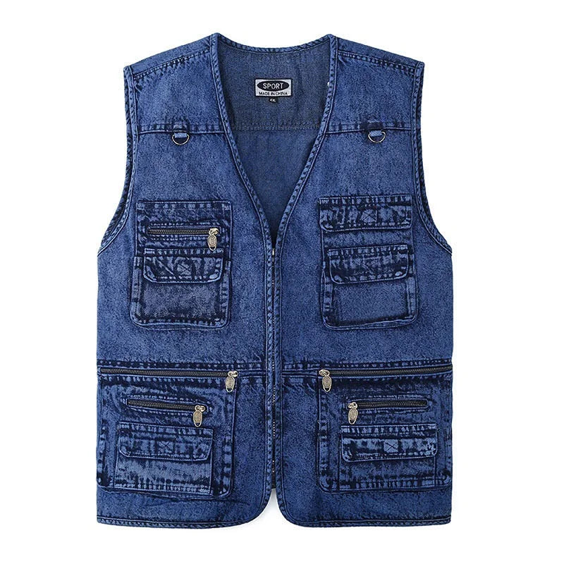Men's Vest Coat Dark Bluemulti-pocket V-neck Fishing Sleeveless Coat Truck Driver Bicycle Denim Jacket Mountaineering Vest