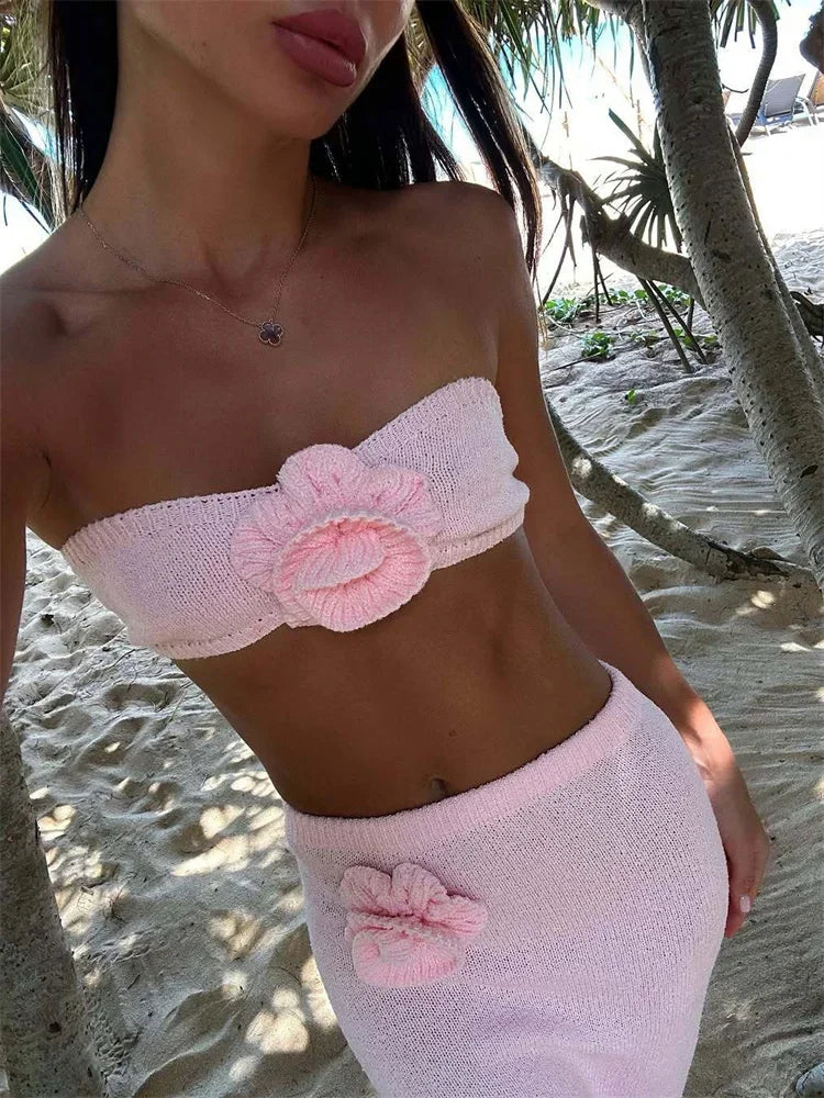 Female Knit 2 Piece-Set Long Skirt Floral Patchwork Tube Tops And High Waist Slim Beach Skirt Sets Knitwear Women Outfits