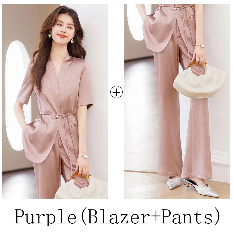 Women's Pants Suit With Belt Summer Short Sleeve V Neck Blazer And Trousers Set Elegant Office Work Wear Purple Fashion 2025