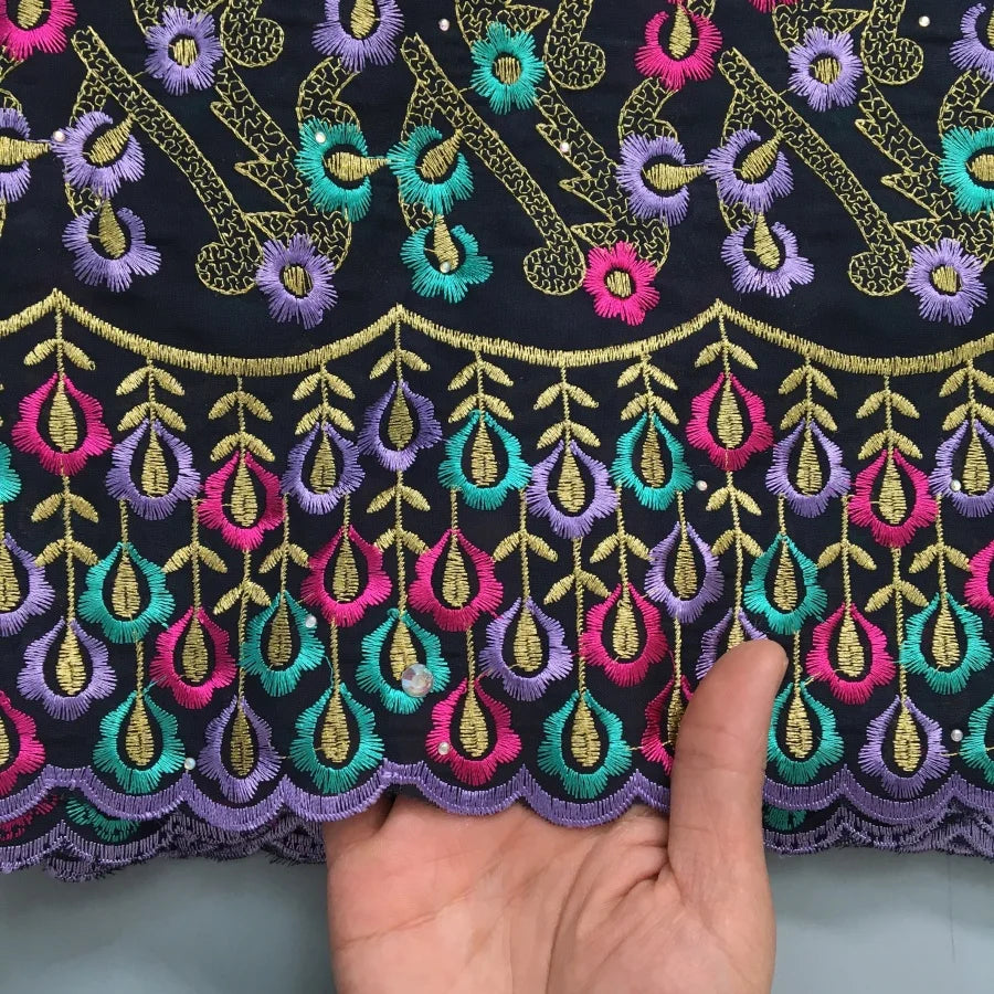 Kalume Swiss Voile Embroidery Lace Fabric 5Yards Cotton Lace with Rhinestones Nigerian for Sew Ladies Wedding Dress F4209