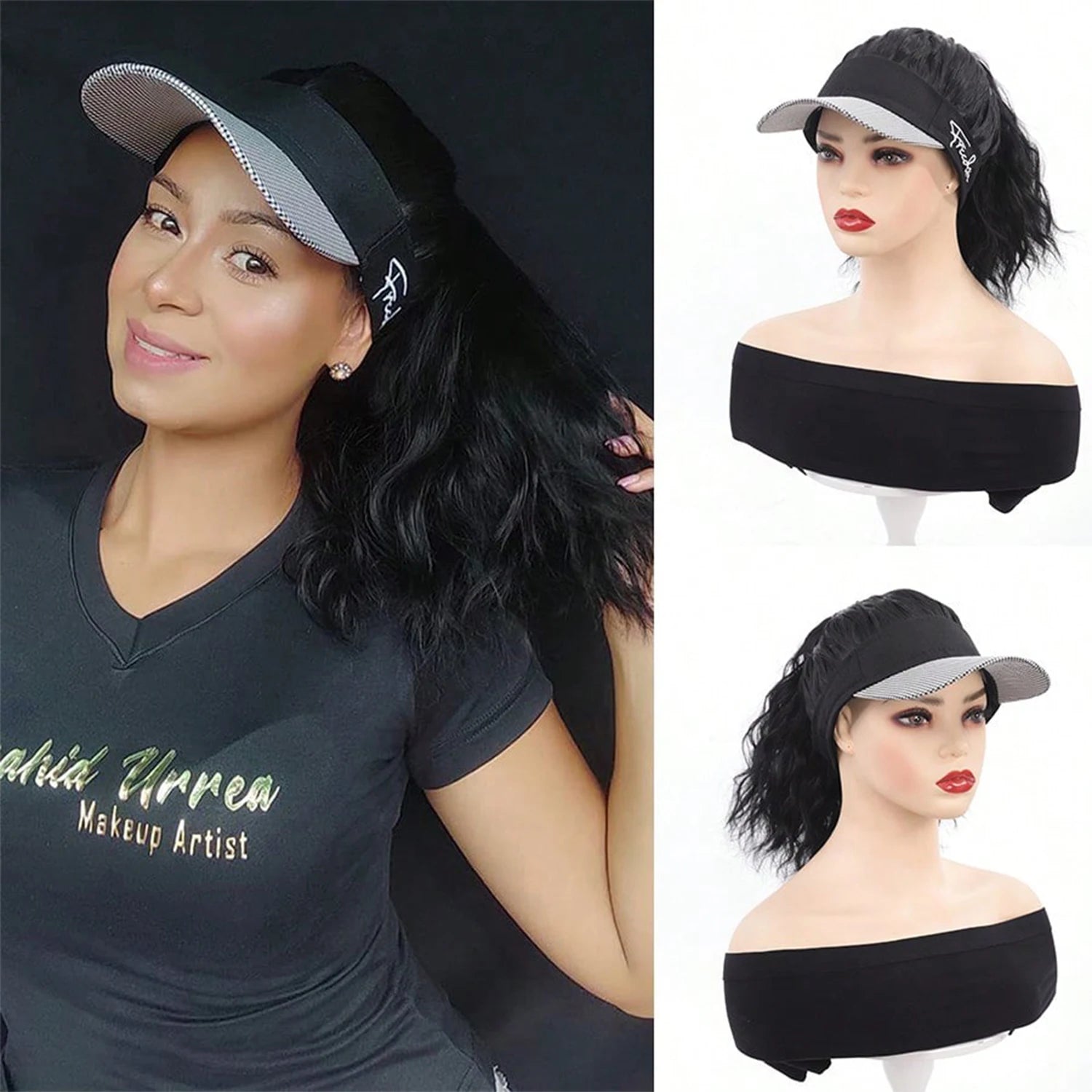 Pelucas con gorro de 16 pulgadas, pelucas de cola de caballo rizadas sintéticas con gorra de béisbol de pata de gallo para mujer, para uso diario y en fiestas.