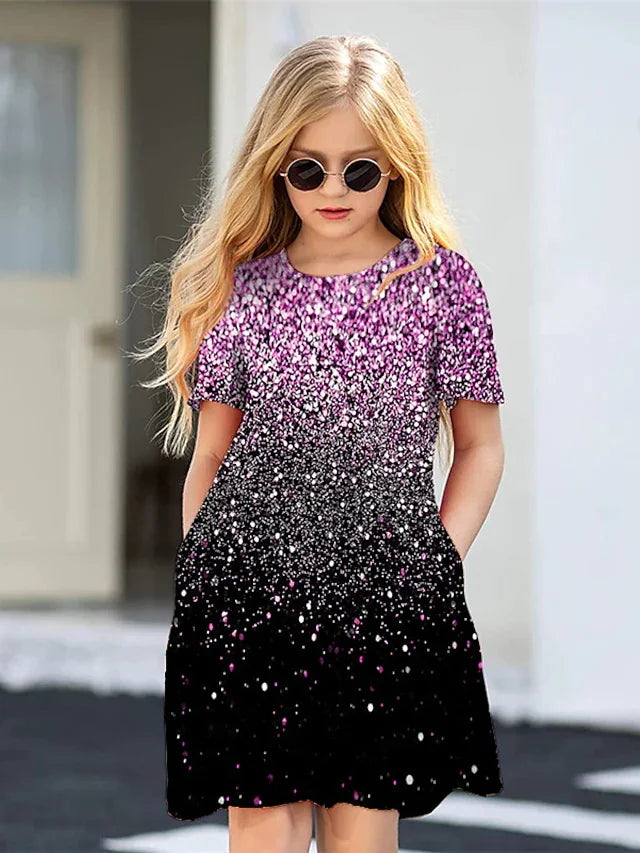 Children's Clothing Highlights Short Sleeved Dress Round Neck Knee-Length Pocket Fashion