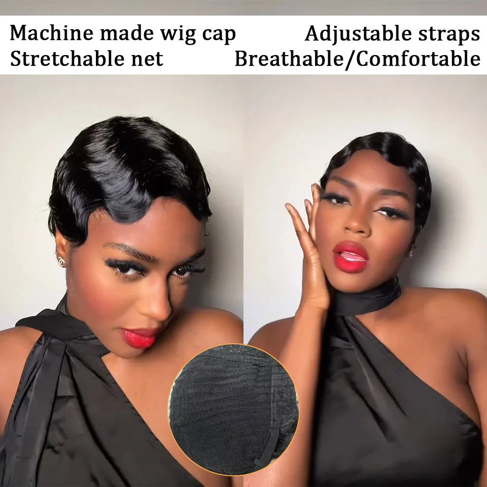 Short Human Hair Wigs for Women Ocean Finger Wave Pixie Cut Wig Human Hair