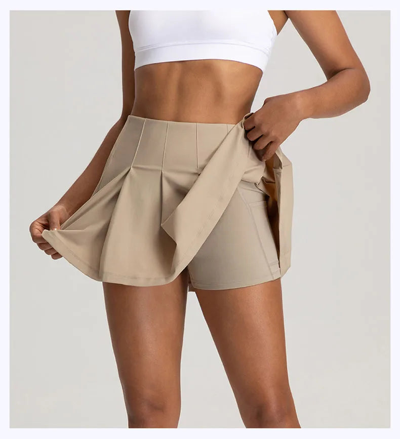 Women's Yoga Skirt - Anti-Slip Fake Two-Piece Tennis Skirt with Built-in Shorts, High Waist Slimming Workout Skirt for Badminton