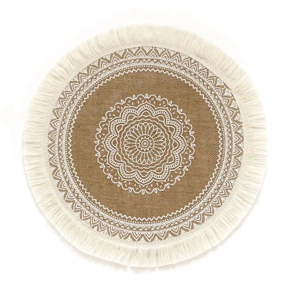 Vintage Pastoral Round Cotton Linen Placemats Handwoven Jute Tassels Placemats Soft Non-slip Table Pads Vase Mats Accessories