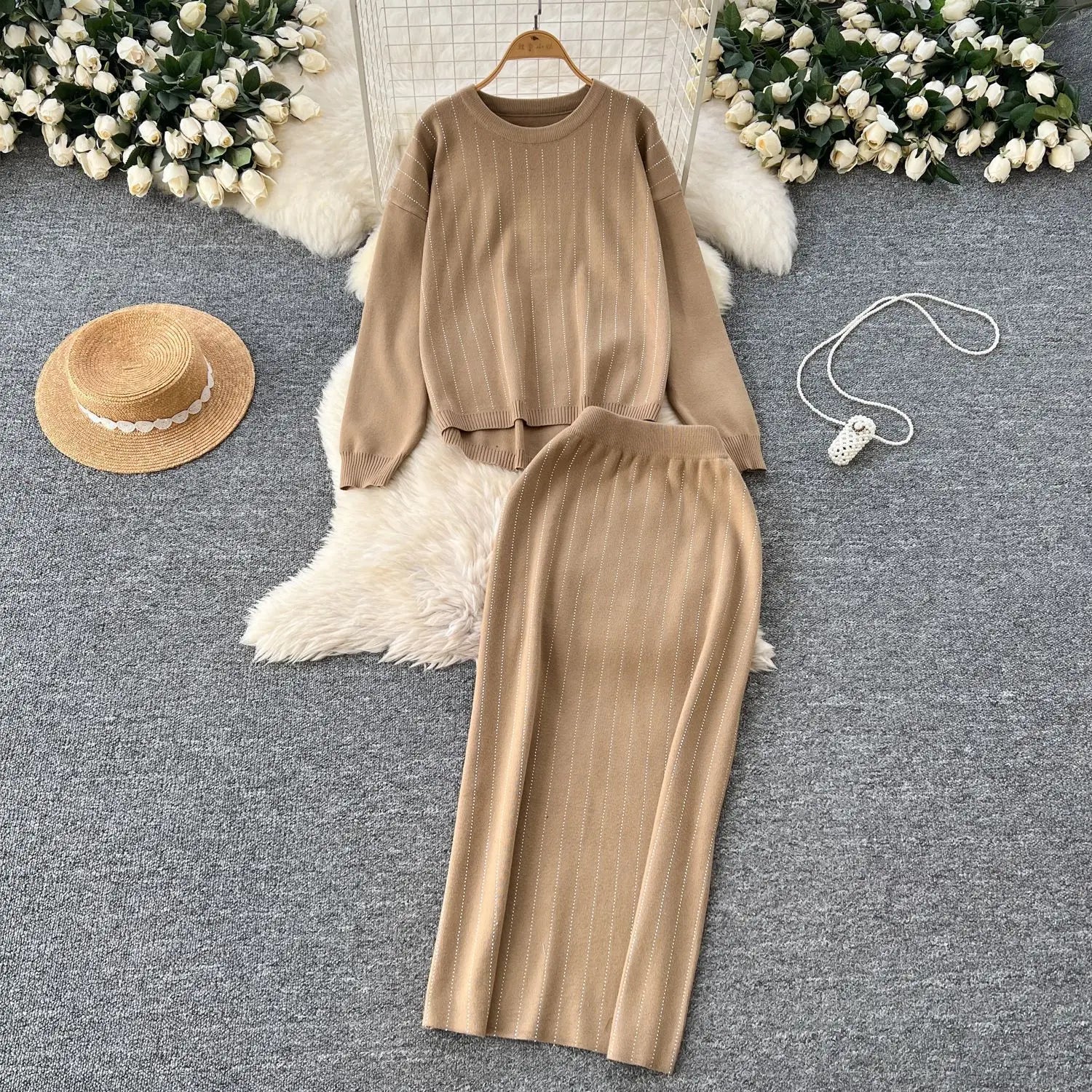 Women Skirt Sets Two Piece Sweater Set Full Sleeve Knit Tops Dress Sets Wrap Hip Skirts Casual Top Diamonds Spliced Autumn 2025