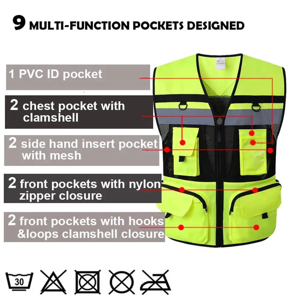 Workwear Safety Vest High Visibility Construction Building Work Waistcoats with Multi Functional Pockets Hi Vis Vests