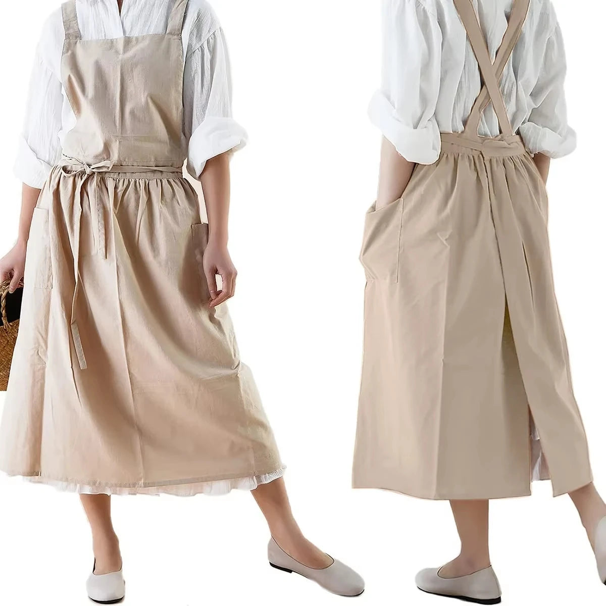 Waterproof Women Girls Vintage Apron Adjustable Gardening Works Cross Back Cotton/Linen Blend Aprons Pinafore Dress