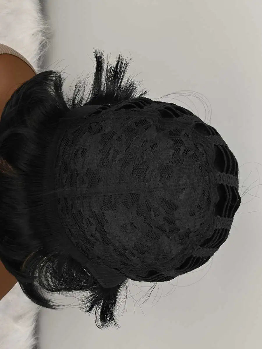 Short Bob Wig For Women Pixie Cut Wigs Glueless Wig None Lace Front Wig With Bangs Natural Black Straight Full Machine Made Short Layered For Daily Use