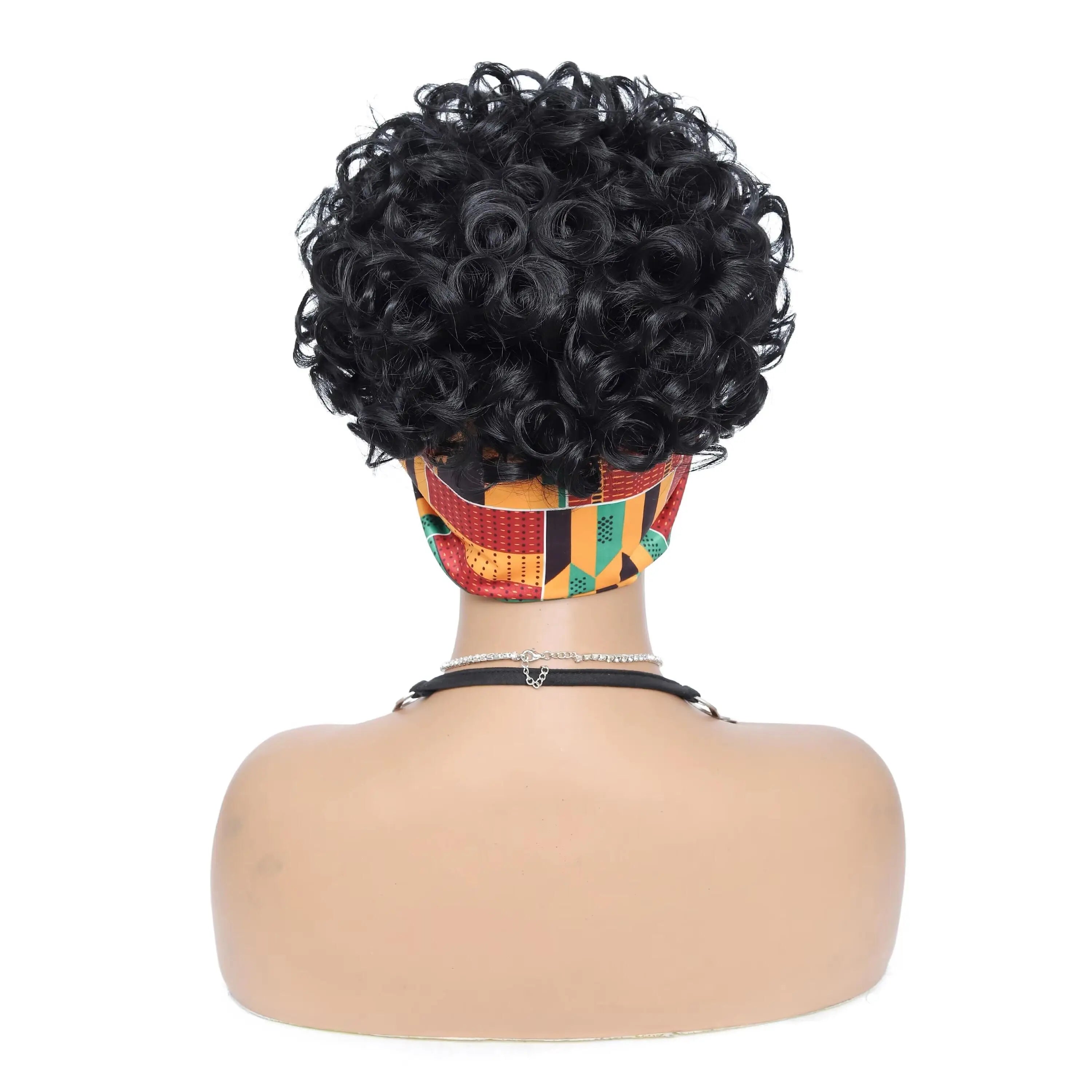 women's curly wig, made with African short ribbons and curly ribbons, black synthetic wig without curly bangs