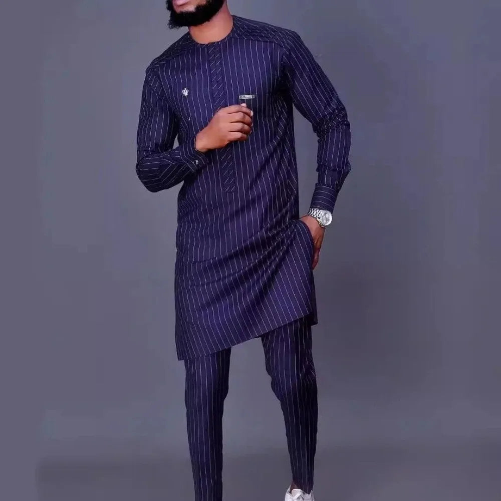 African Two Piece Set Men Outfits Pocket Splice Long Sleeve Round Collar Top Slim Pants Business Suit Africa Summer Gentleman