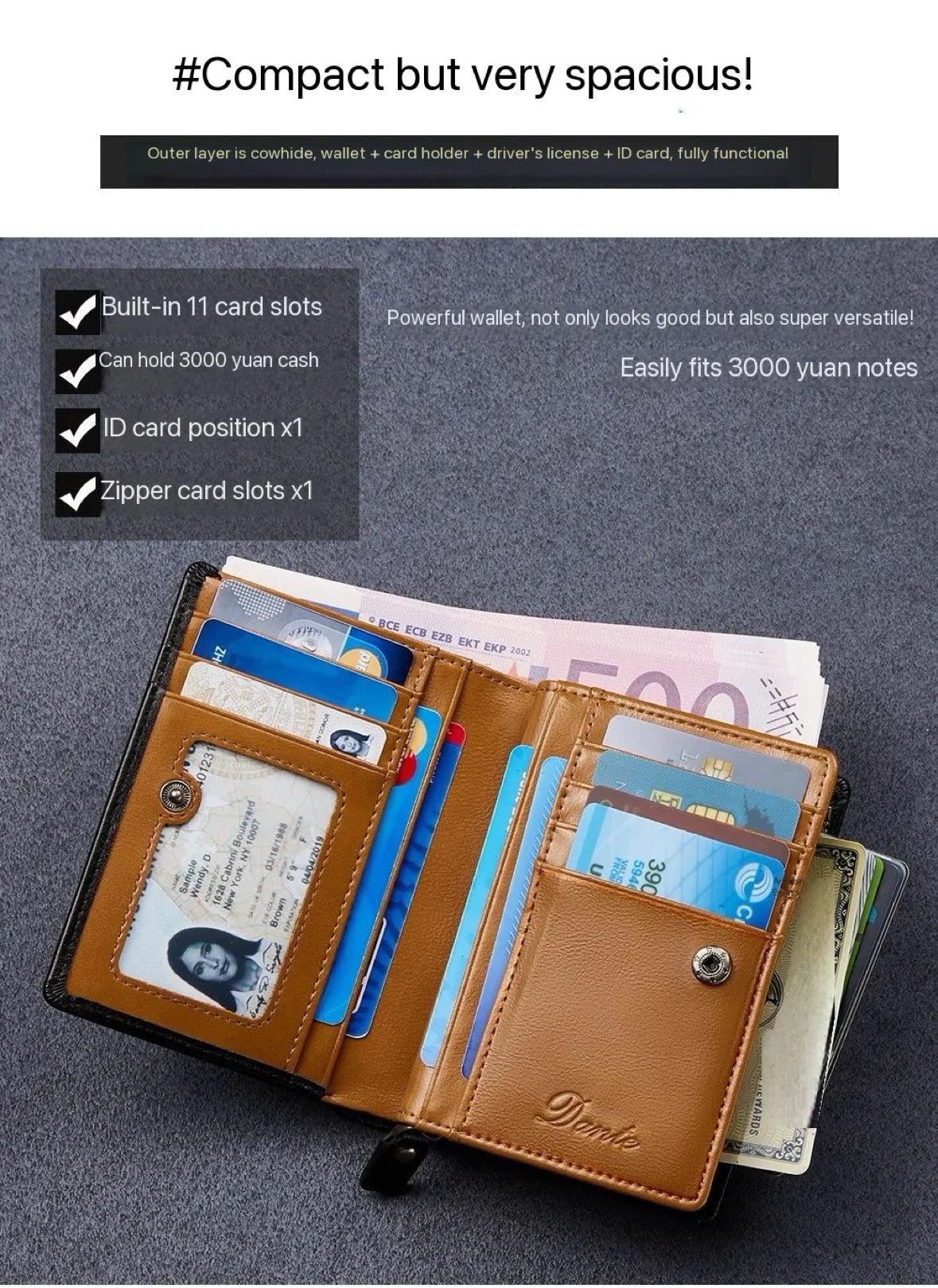 Men's Leather Wallet, Genuine Leather, Adult Luxury Brand Zipper, Large Capacity, Multiple Card Slots, Top Layer Cowhide Wallet