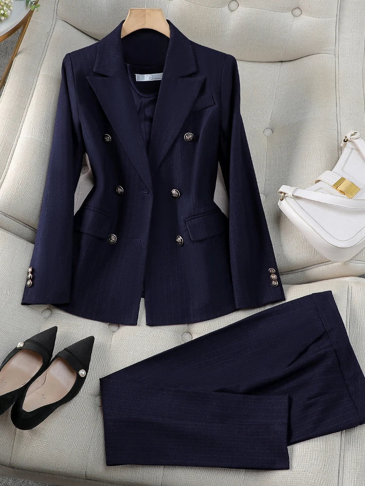 Women Pant Suit Office Ladies Female Business Work Wear 2 Piece Set Black Blue Striped Formal Blazer Jacket And Trouser