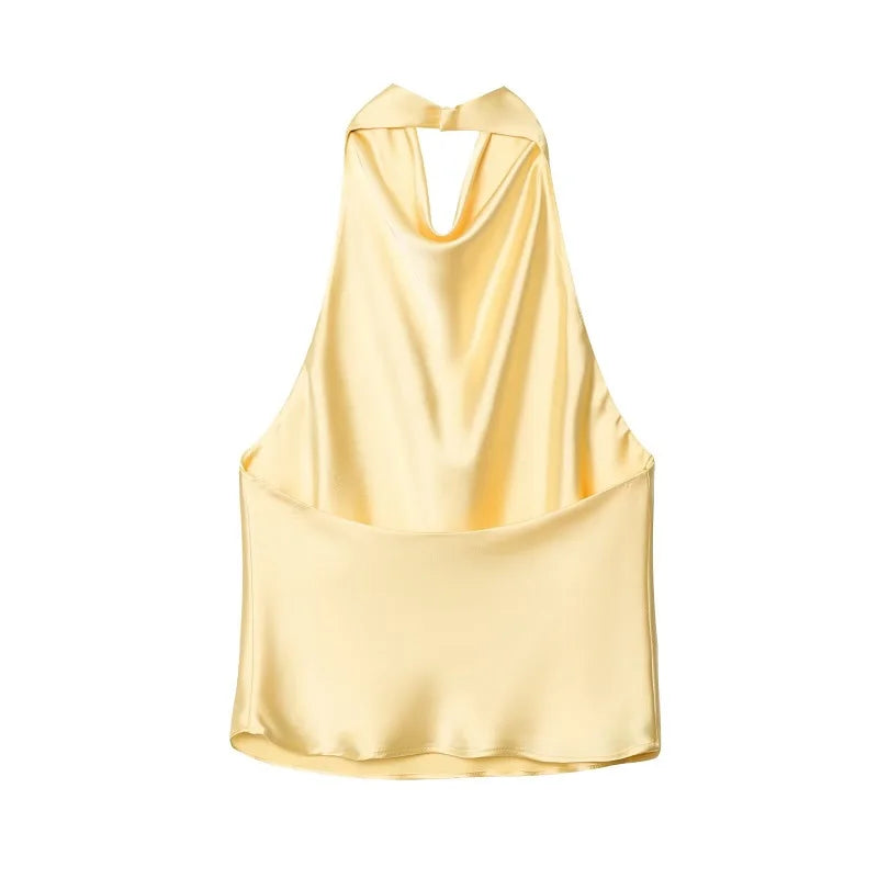 MUJER Halter Tops for Women Black Satin Backless Top Female Pink Summer Beach Top Woman off Shoulder Camisole Top Women