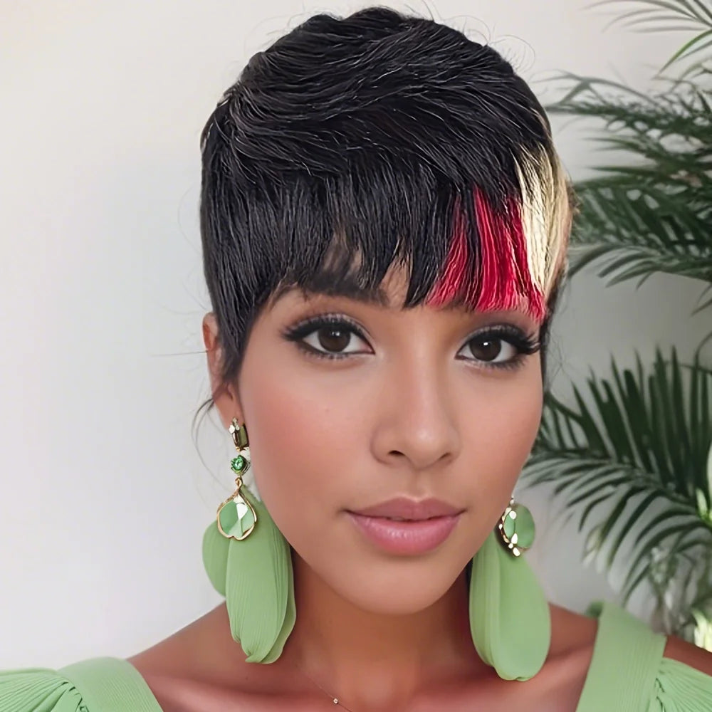 Ombre Color Wig 6inch Short Pixie Cut Straight Human Hair Wigs for Women Vibrant Multi-Tone Highlights Natural Look for Daily Party Use