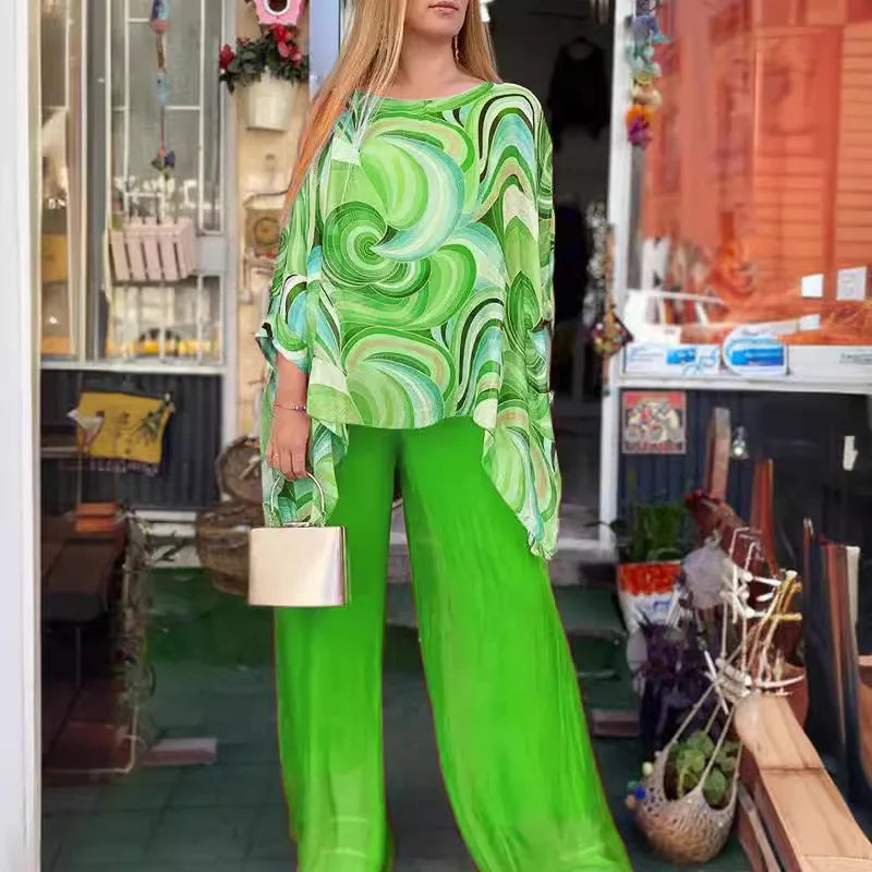 Women Fashion Trousers Two Piece Set For Women 2024 Summer Loose Casual Print Blouse Elegant 2 Piece Sets Woman Tops+Pants Suit