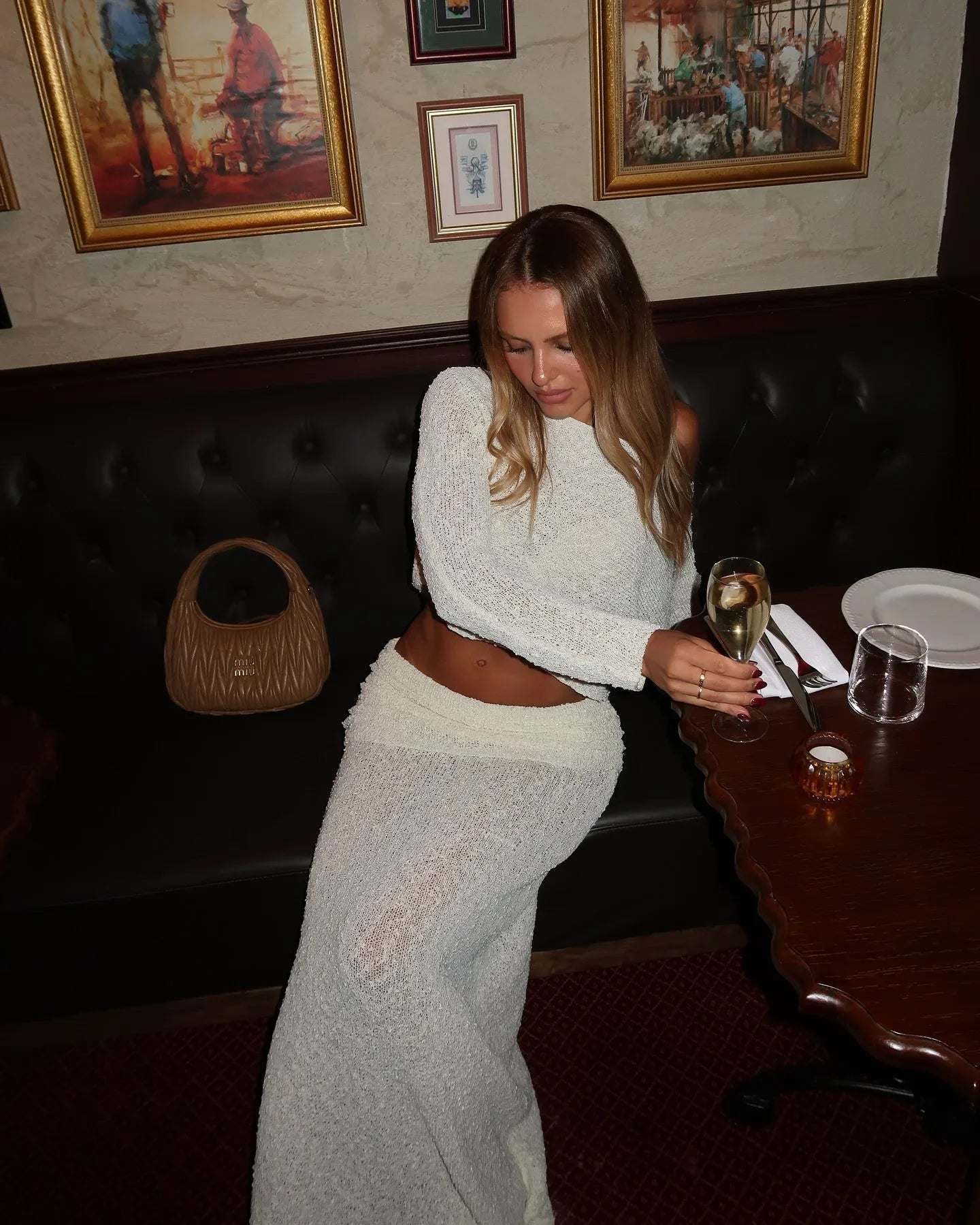 Knitted Skirt Set Women's Summer Off-Shoulder Long Sleeve Cropped Top Slim See-through Pleated Skirt Female Skirt Set