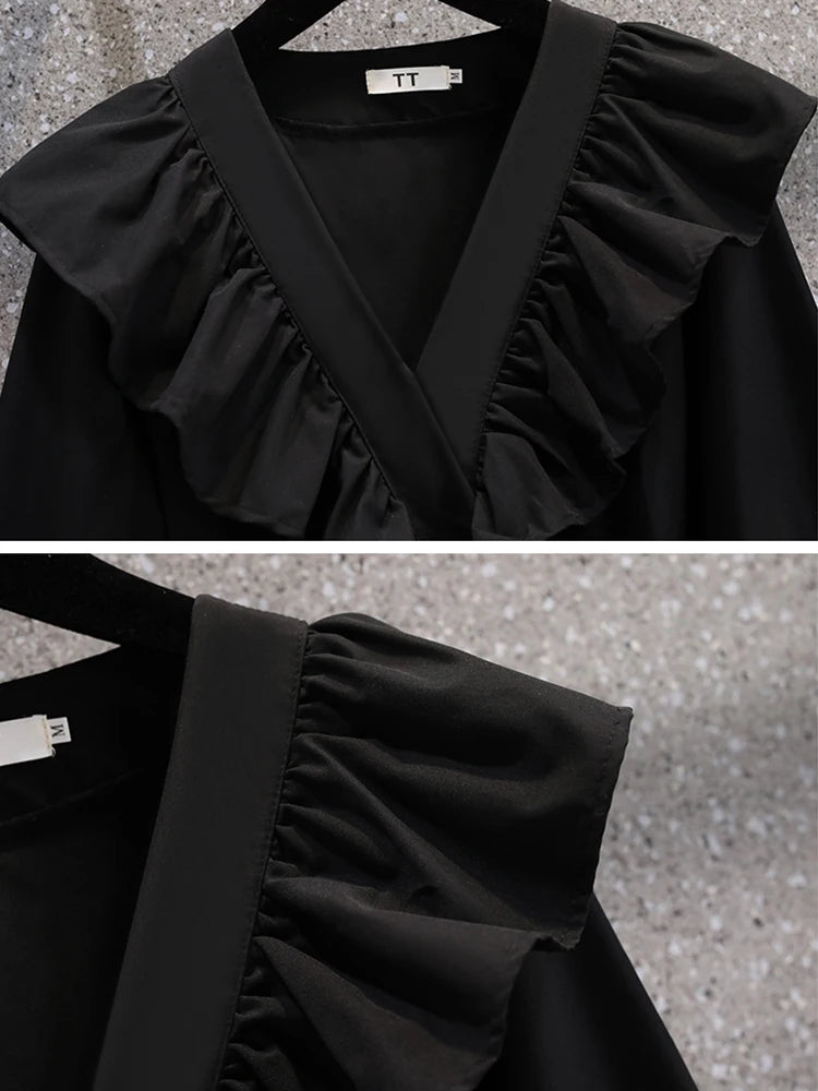 Plus Size Dresses Women Autumn New Arrivals Long Puff Sleeve Black V Neck A Line Dress Large Size Women Clothing Dress