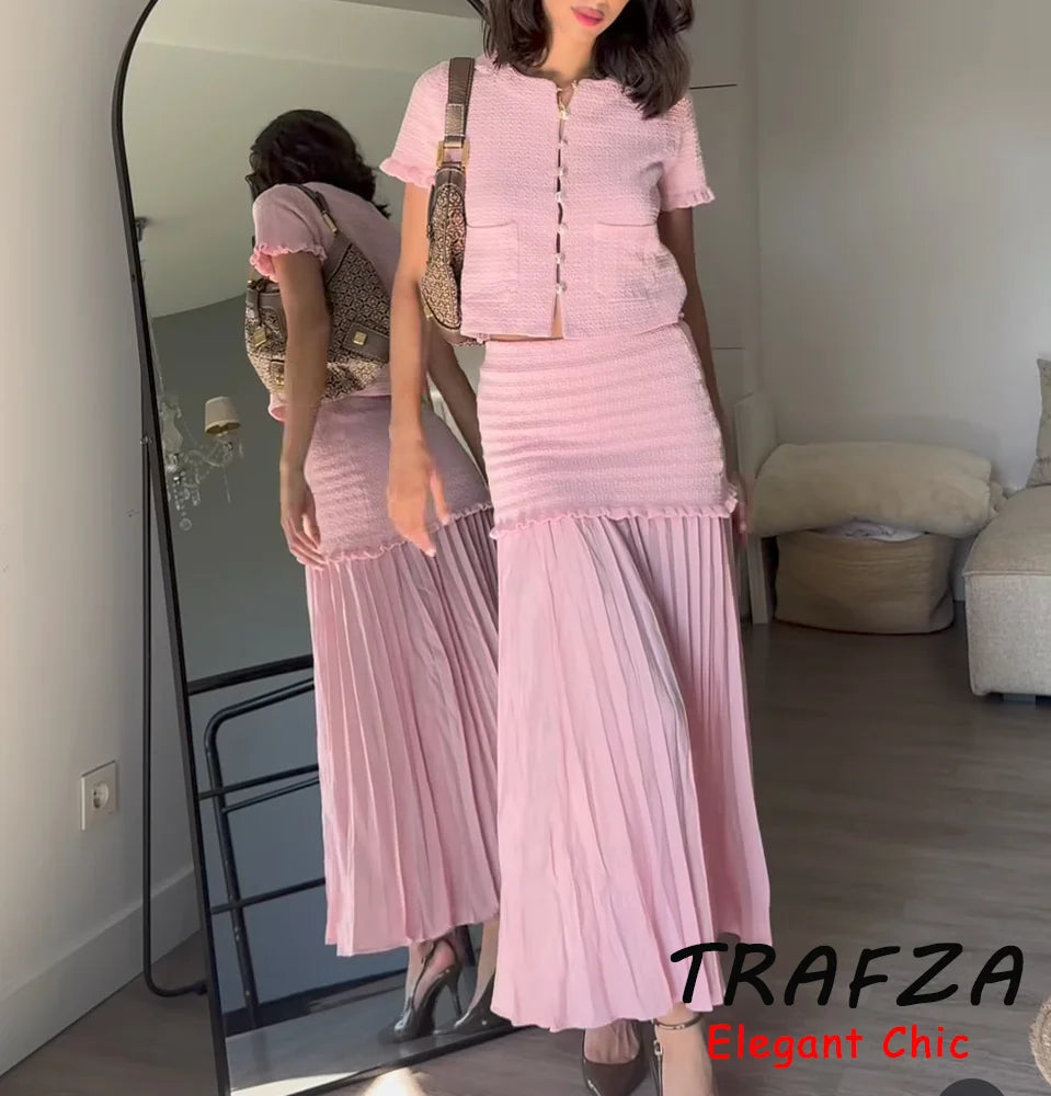 TRAFZA Elegant Chic Skirt Set Women's Chest Wrap Top Or Midi Skirt Or Short Sleeve Top 2025 Spring Summer Romantic Holidays Set