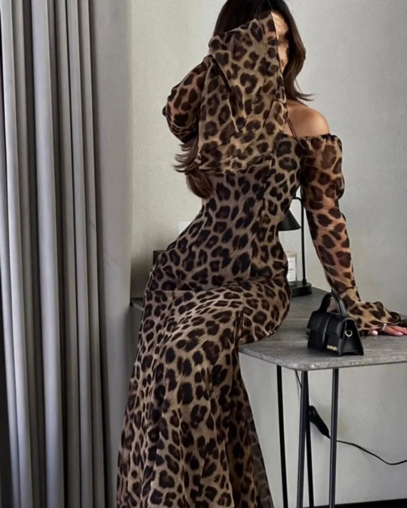 Women's New Autumn and Winter Fashion Leopard Print Sexy Off-the-shoulder One-line Neckline Long-sleeved Long Dress Vestidos