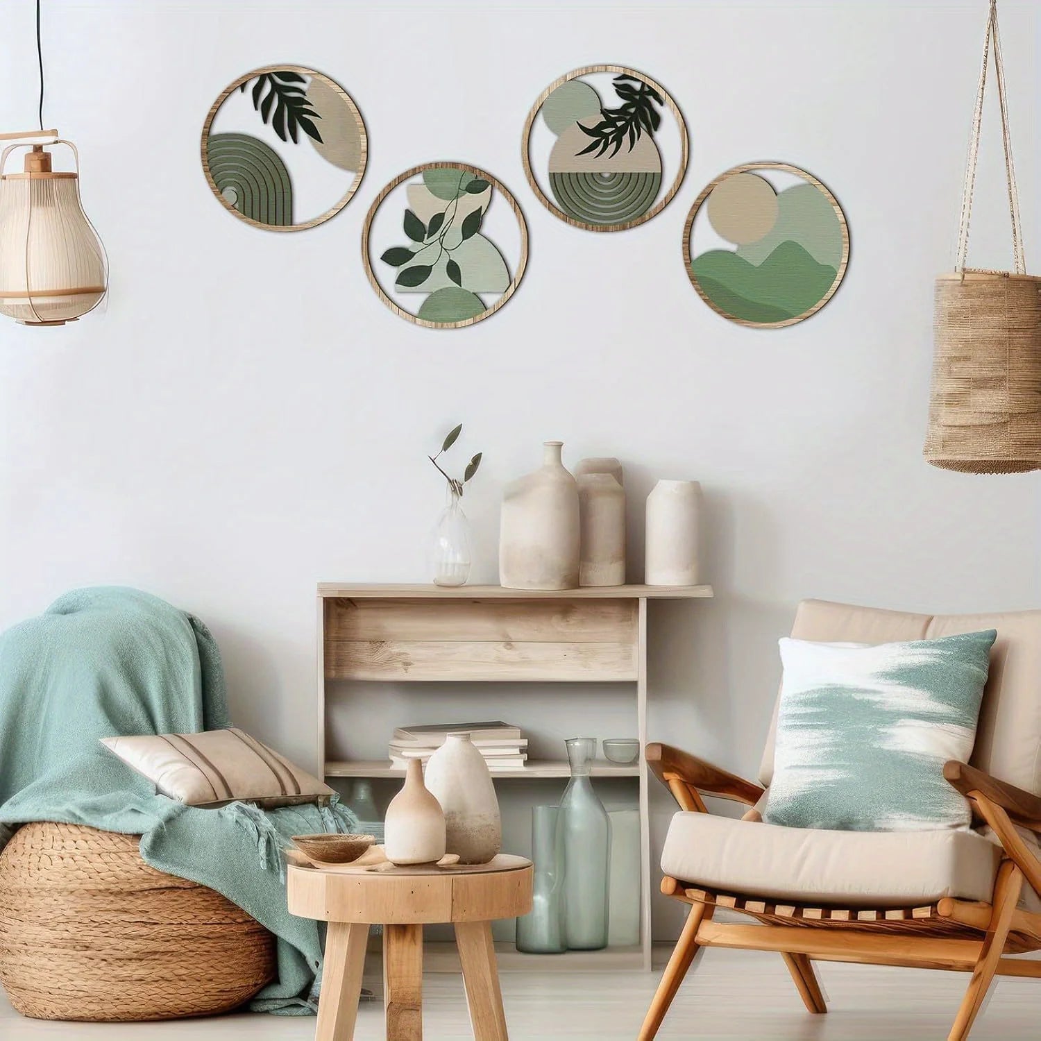 Juego de 4 cuadros bohemios para pared - Decoración bohemia de madera, obras de arte geométricas colgantes, adecuados para habitación de bebé, estética minimalista rústica